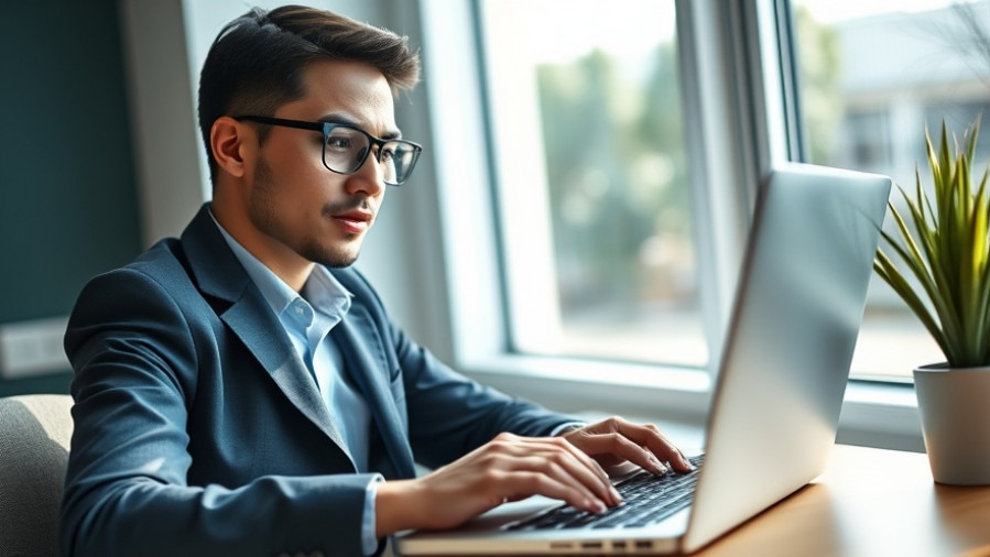 Confident small business owner using a laptop, enhancing security with Wi-Fi 7.