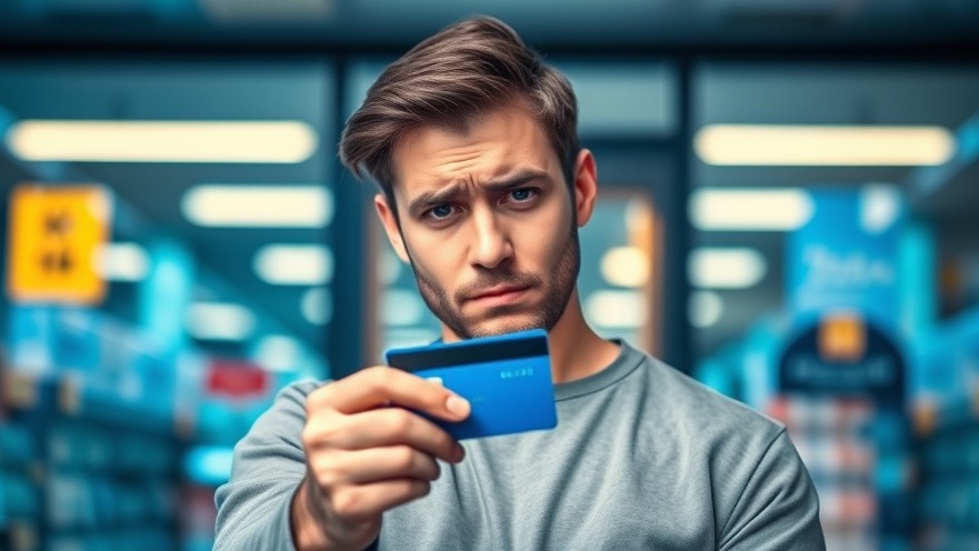Individual worried about debit card fraud and budgeting tips outside a store.