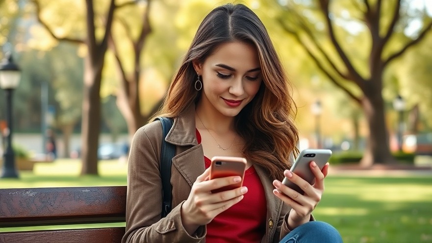 Stylish young woman using a smartphone, showcasing evolving search trends in AI in marketing.