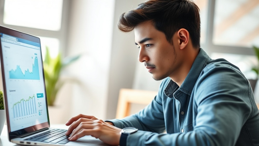 Confident young digital marketer analyzing Google News strategies on sleek laptop.