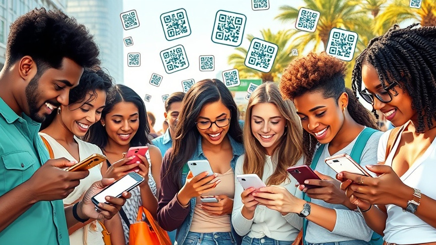 Diverse group scanning QR codes at an outdoor event, showcasing curiosity and excitement.