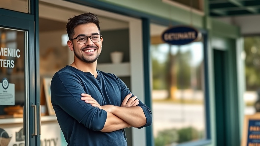 Confident young entrepreneur in front of their store, showcasing a local SEO strategy.
