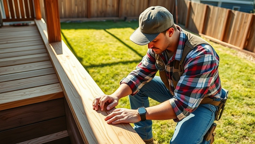 Dedicated craftsman showcasing deck construction tips in a sunlit Maryland backyard.