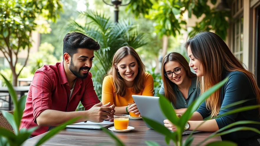 Young professionals demonstrating effective communication and remote collaboration in a vibrant outdoor cafe.