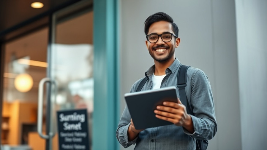 Confident small business owner smiling, showcasing AI content optimization for local marketing.