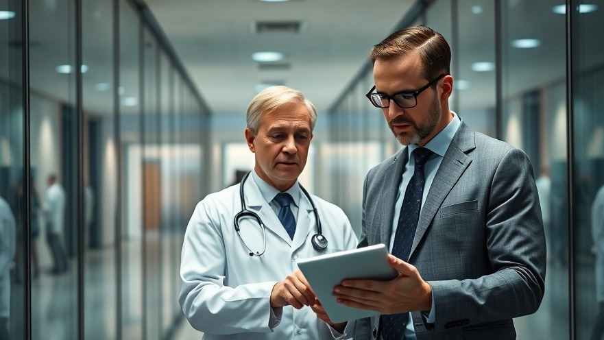 Businessman and doctor discussing sales presentation strategies in a modern office.