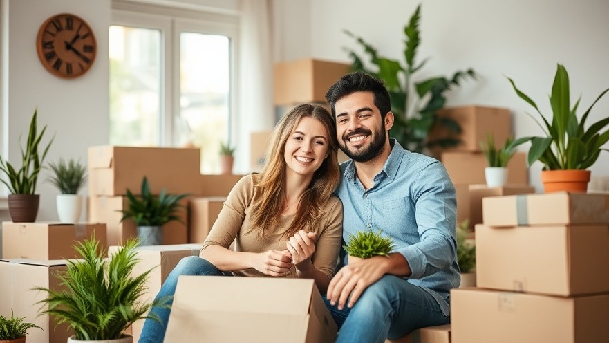 Happy couple preparing for moving tips for indoor plants in bright living room.