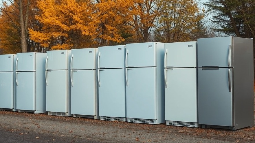 Row of discarded refrigerators for recycling in an autumn outdoor setting.