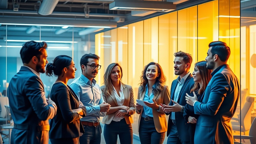 Diverse professionals discussing career advancement strategies in a dynamic office.