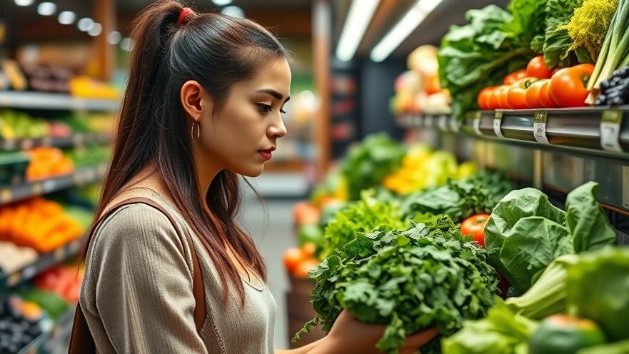 Young woman shopping for heart health foods, focusing on fresh greens for nutrition for blood pressure.