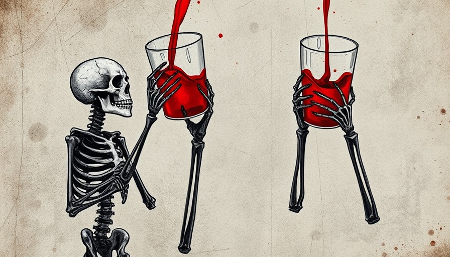Edgy artwork of skeletal figures with wine titled Blood of Gods.
