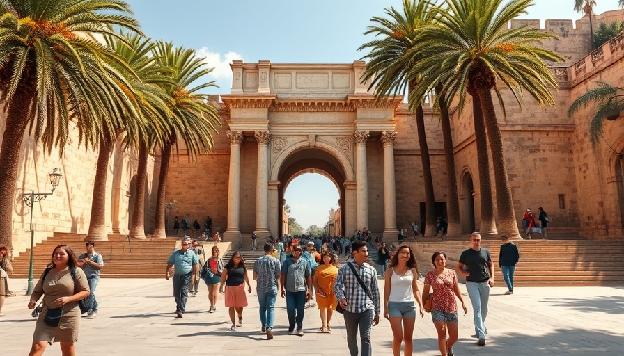 Lively historical site with diverse visitors and palm trees, emphasizing Halal wellness tourism.