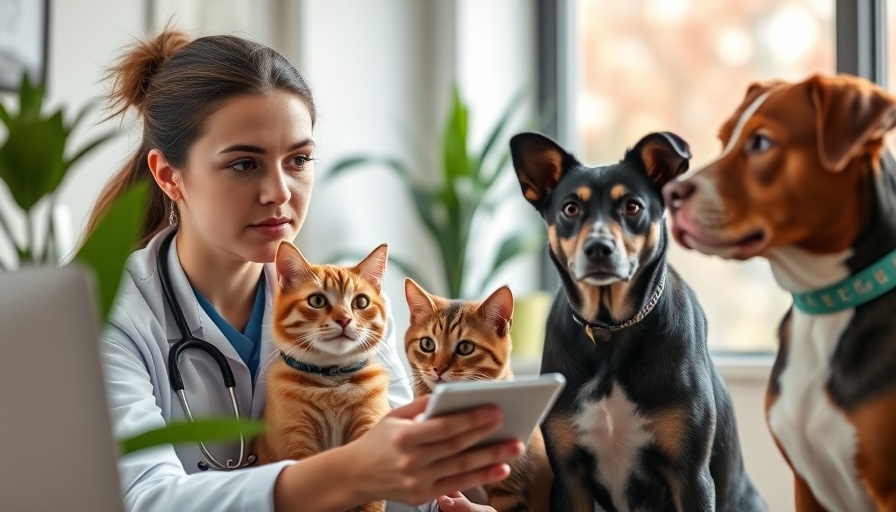 Pet telemedicine: Online vet consultation with cat and dog in office.
