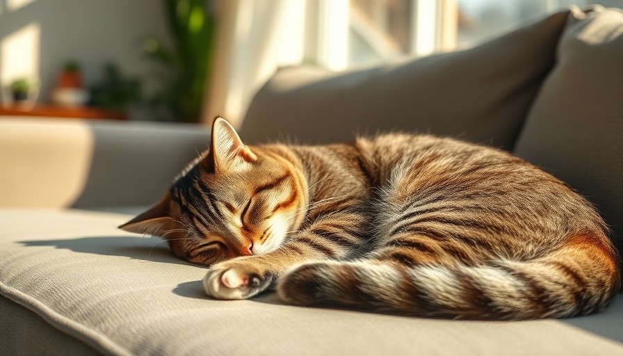Tabby cat sleeping on sofa, holistic pet care theme.