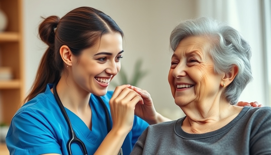 Friendly caregiver provides at-home care, brushing elderly woman's hair.