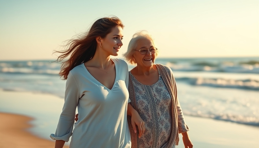 Young woman and elderly parent walking on beach, Maintenance of Parents Act concept.