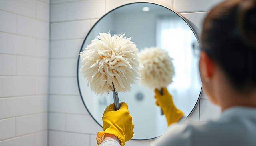 Cleaning a mirror with a duster in a modern bathroom for emotional health.