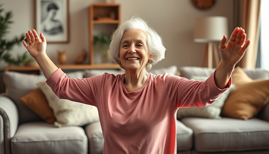 Elderly woman practicing yoga at home, self-care importance.