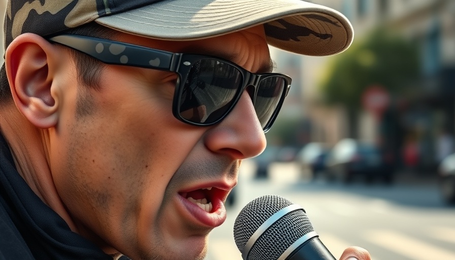 Person with camo cap speaking into a mic during Denver gang violence rally.