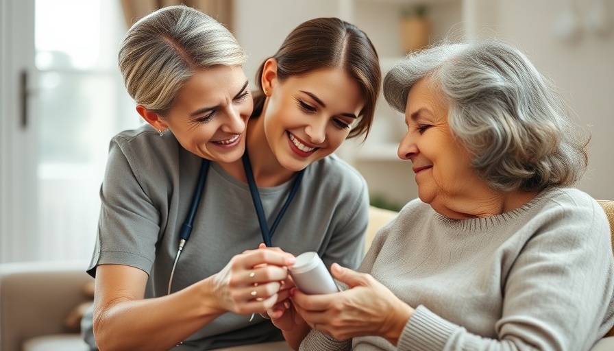 Compassionate caregiver assisting elderly woman in at-home care setting.