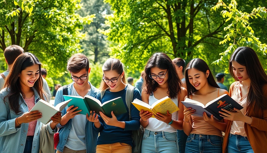 Diverse group reading in park, outdoor gathering, sunny day.