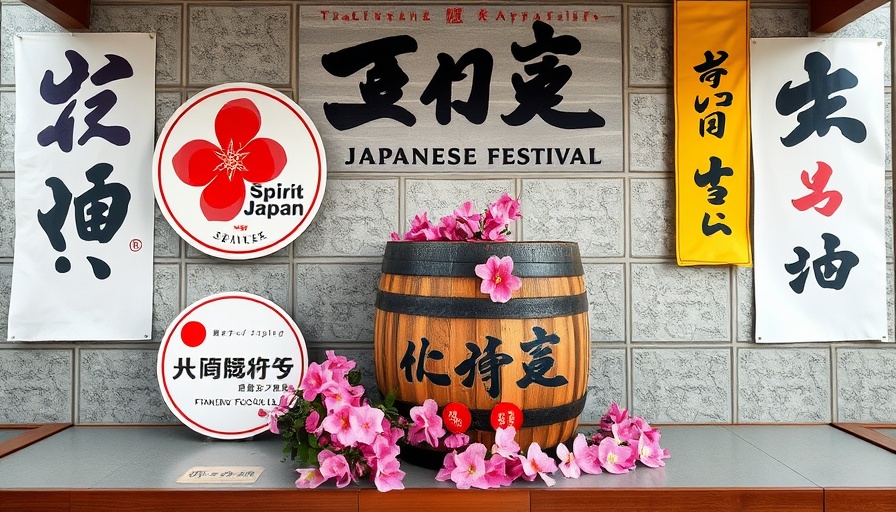 Spirit of Japan Festival Denver display with logos and sake.