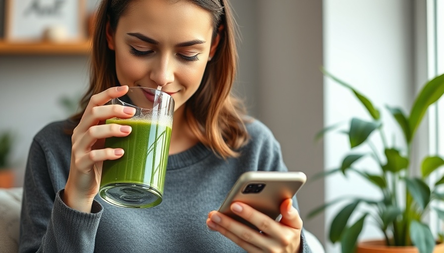 Woman enjoying a smoothie while on her phone, promoting balanced lifestyle.