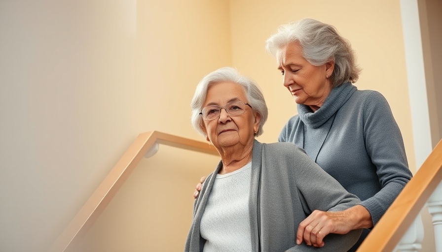 Elderly woman assisted on stairs highlighting risk factors for falls in the elderly.