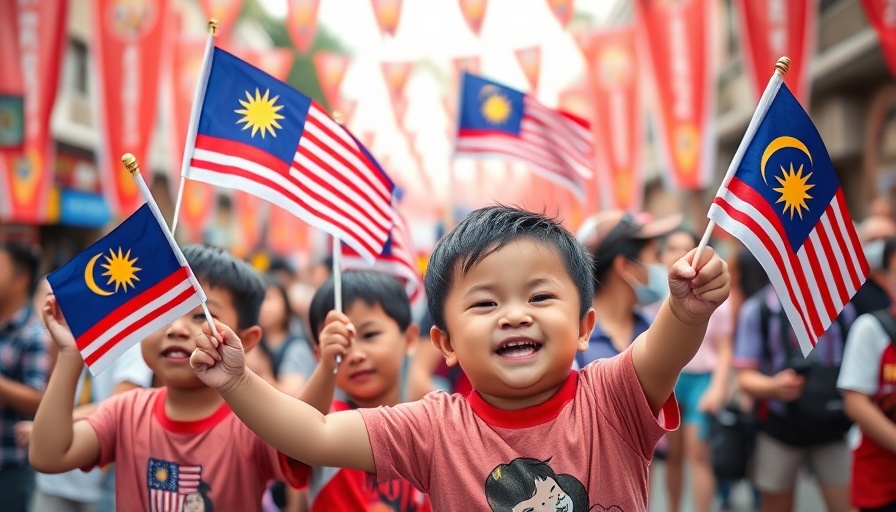 Children celebrating with flags on Merdeka Day parade.