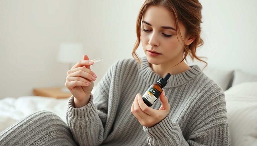 Woman examining CBD bottle in cozy home setting.