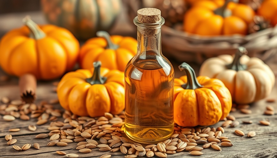 Glass bottle of pumpkin seed oil on table with seeds, enhancing prostate health.