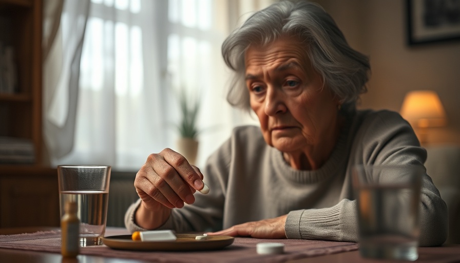 Elderly woman contemplating her medication at a table, highlighting the state of health and care of older people in England.