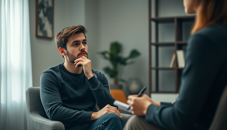 Therapy session for post coital dysphoria treatment, man in discussion.