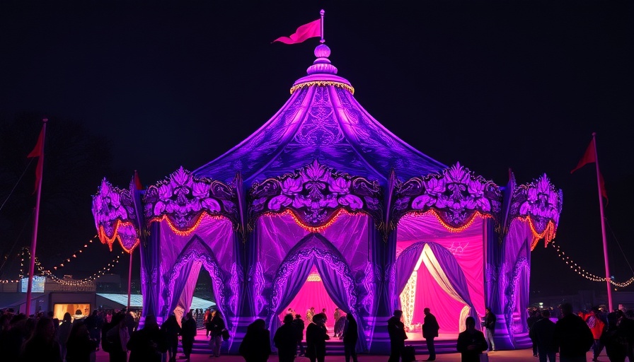 Futuristic purple marble circus in Durham, glowing tent at night.
