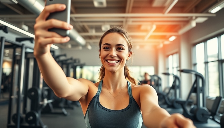 Casual athletic woman taking a selfie in a gym, capturing a lively atmosphere, stay connected with your teenage son.