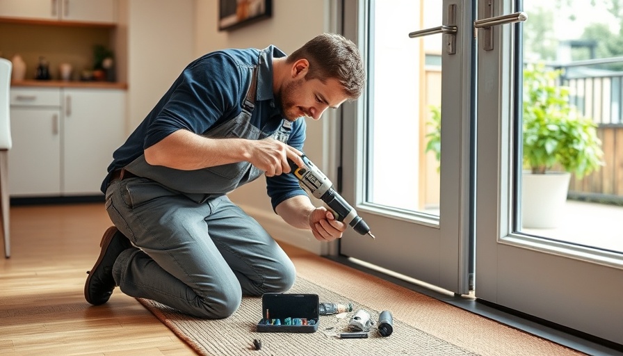 Technician installing smart lock on uPVC door, home setting.