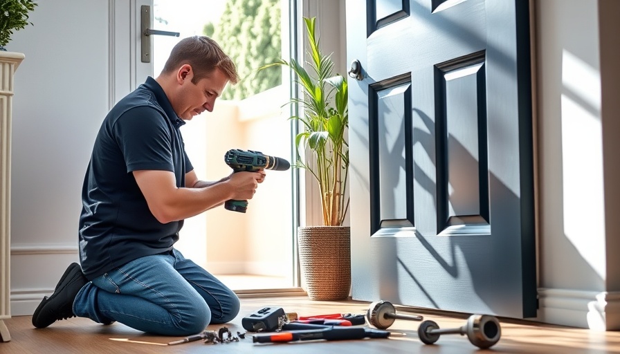 Technician installing smart lock on uPVC door with tools and parts