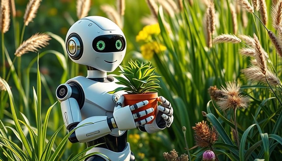 AI for Sustainable Development Goals: Robot nurturing plant in garden.