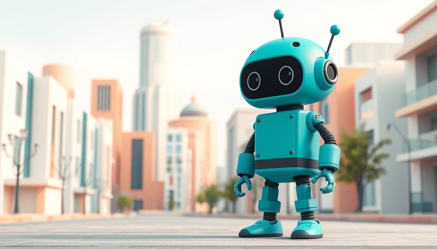 Whimsical cartoon robot near a minimalist abstract cityscape.