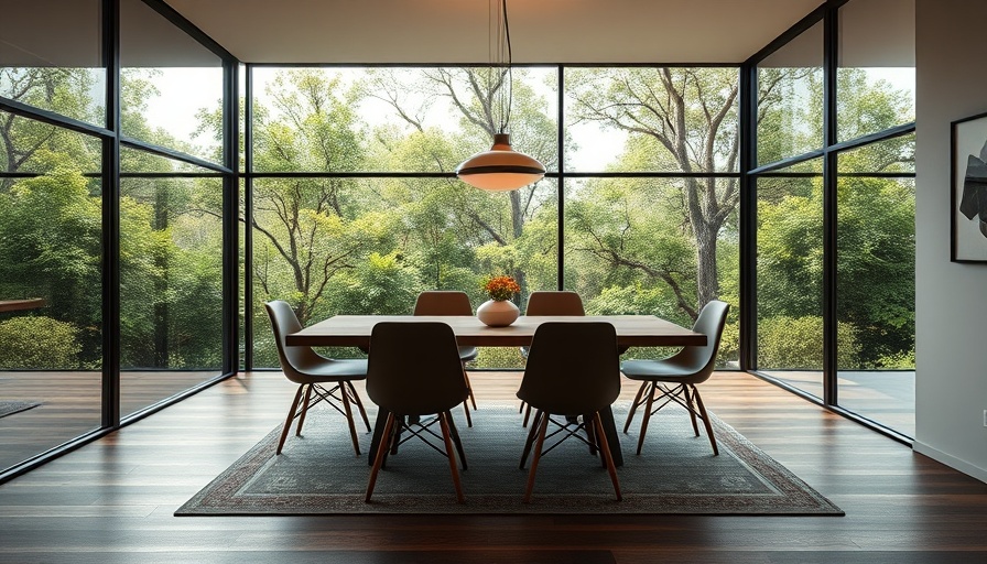 Modern dining room with greenery outside large windows.