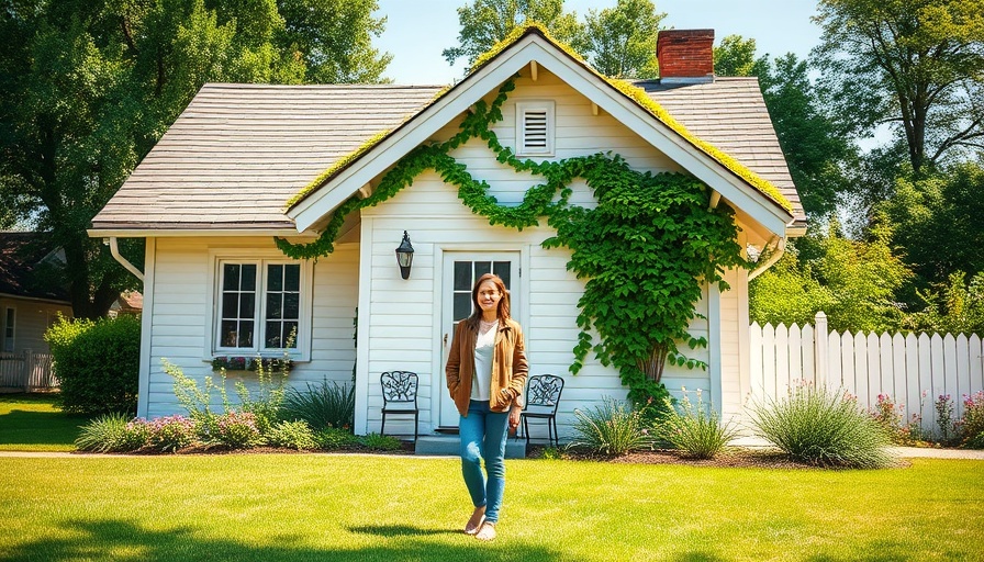 Charming white house and garden, woman standing, foundation repair costs context.
