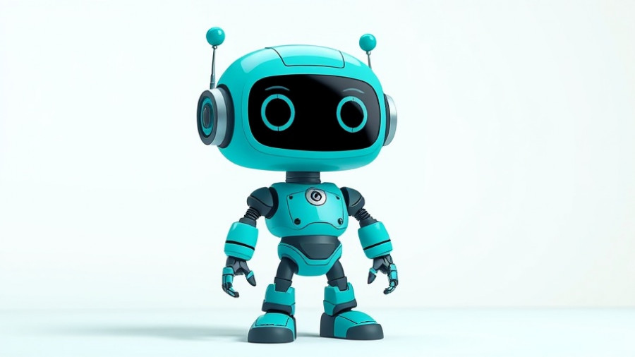 Cute teal robot with abstract geometric background, hidden features Apple TV.