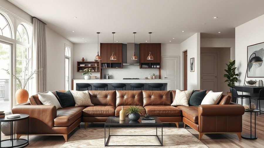 Elegant contemporary living room with leather sofa and decor.