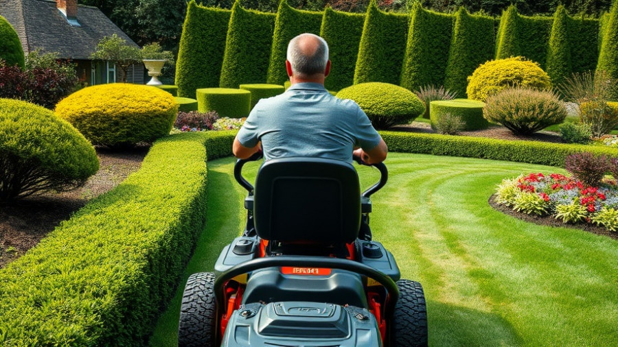 Person safely operating a lawnmower in a manicured garden, demonstrating fall lawn equipment safety tips.