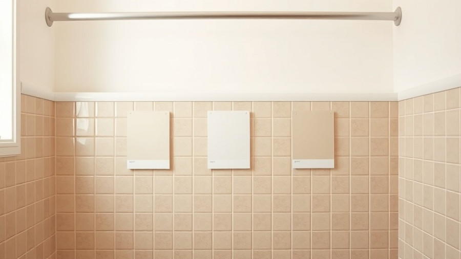 Neutral bathroom wall with paint samples for budget makeover.