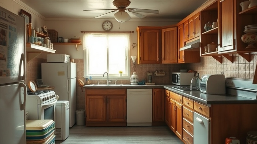 Vintage kitchen before makeover with wooden cabinets and clutter.