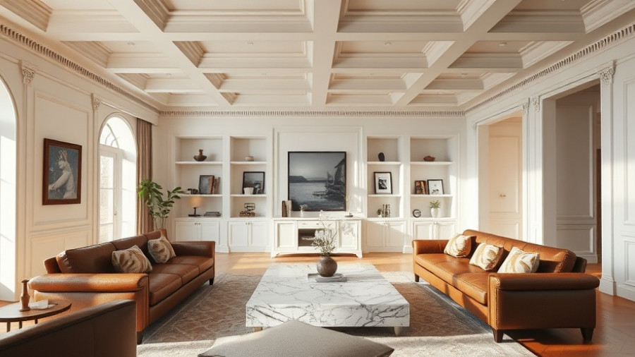 Modern living room with coffered ceilings and elegant decor.