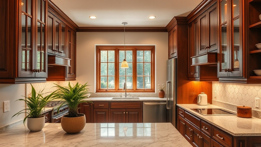 Traditional kitchen with wooden cabinets and a potted plant.