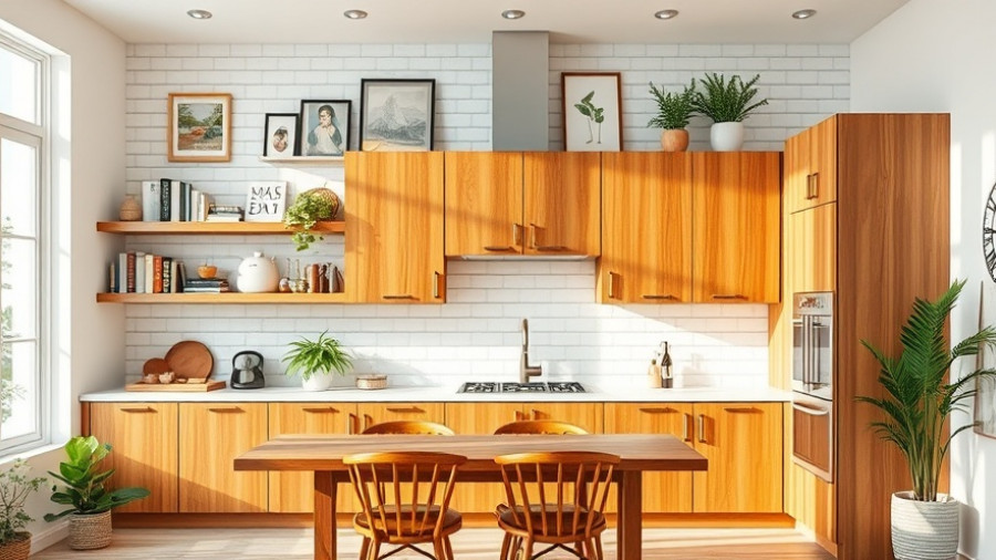 Modern kitchen with wooden cabinets and artfully arranged shelves.