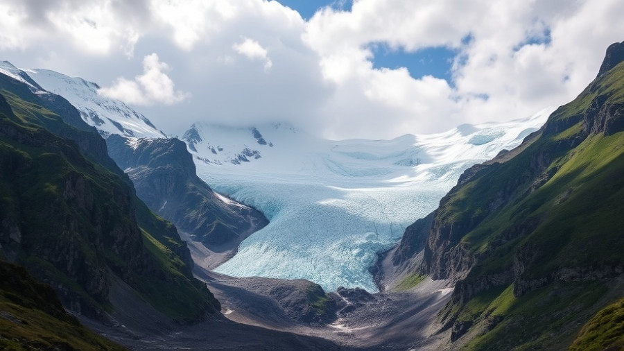 Expansive glacier winding through mountain valley under blue sky.